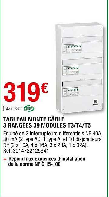 tableau monté câblé 3 rangées 39 modules t3-t4-t5