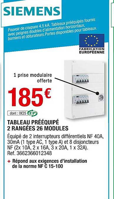 tableau prééquipé 2 rangées 26 modules siemens
