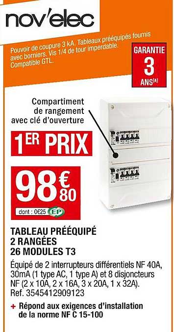 tableau prééquipé 2 rangées 26 modules t3 nov'elec
