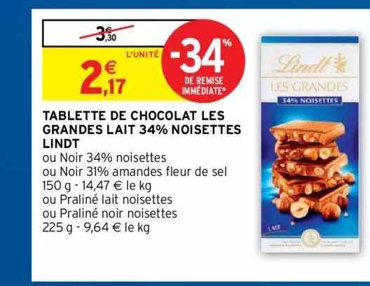 tablette de chocolat les grandes lait 34% noisettes lindt