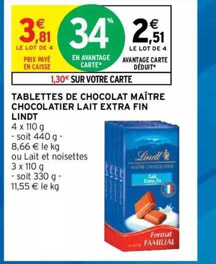 tablettes de chocolat maître chocolatier lait extra fin lindt