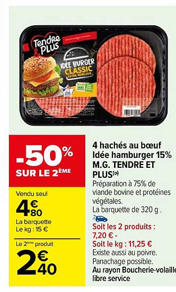 4 hachés au bœuf idée hamburger 15% m.g. tendre et plus