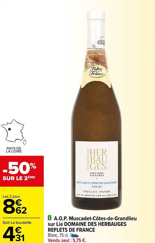 a.o.p. muscadet-côtes-de-grandlieu sur lie domaine des herbauges reflets de france