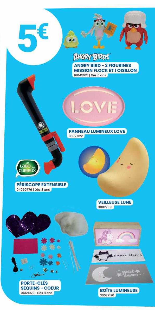 angry bird - 2 figurines mission flock et 1 oisillon, panneau lumineux love, périscope extensible, veilleuse lune, porte-clés sequins - cœur, boîte lumineuse