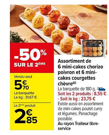 assortiment de 6 mini-cakes chorizo poivron et 6 mini cakes courgettes chèvre