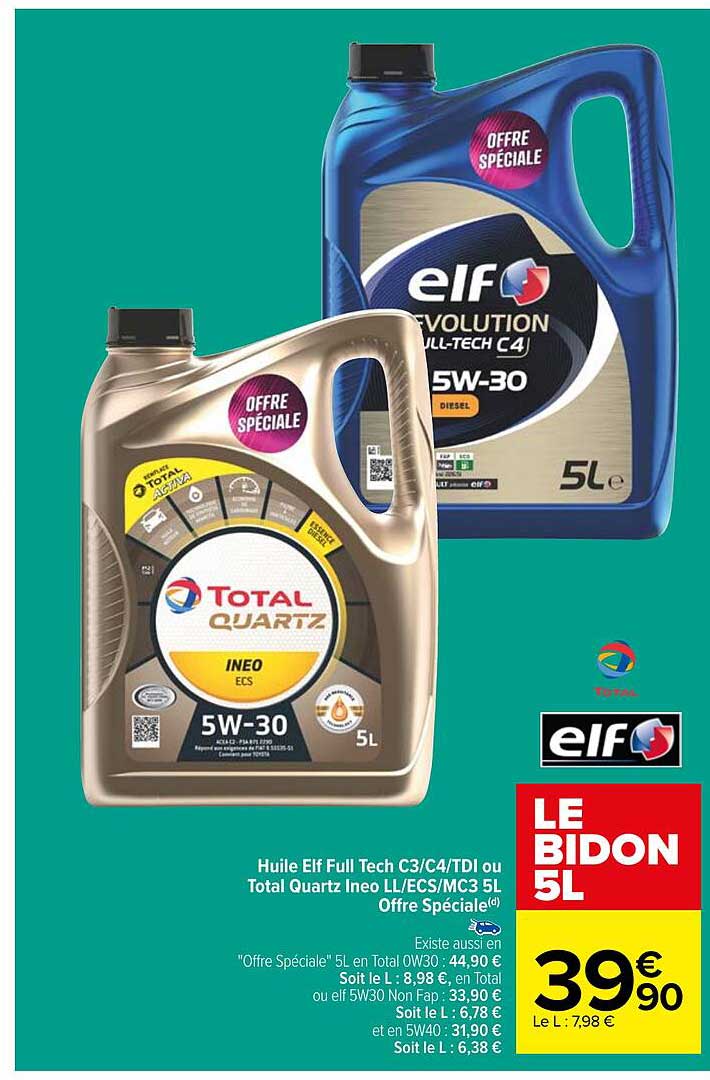 huile elf tech c3/tdi ou total quartz ineo ll/ecs/mc3 5l offre spéciale