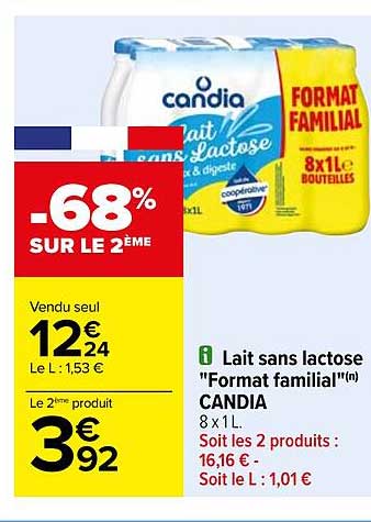 lait sans lactose "format familial" candia
