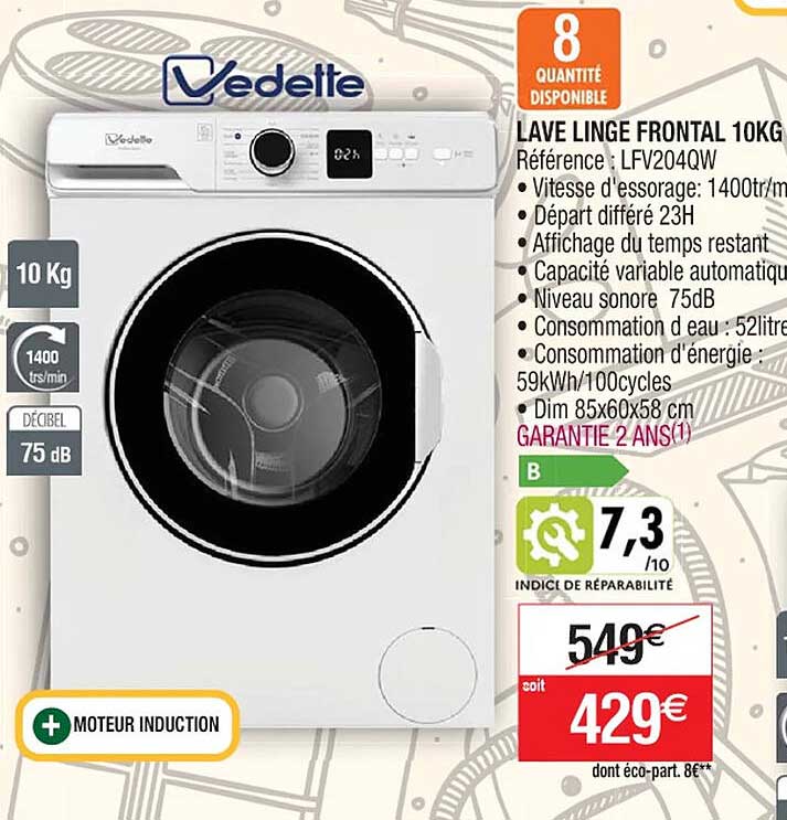 lave linge frontal 10 kg vedette