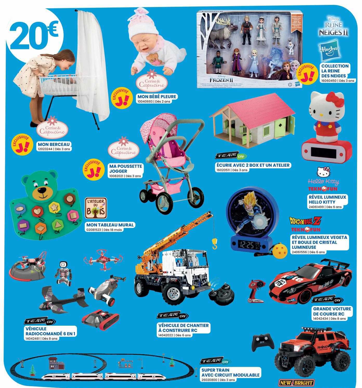 mon berceau, mon bébé pleure, ma poussette jogger cerise & capucine, mon tableau mural l'atelier de bois, collection la reine des neiges, écurie avec 2 box, véhicule radiocommandé 6 en 1 team city