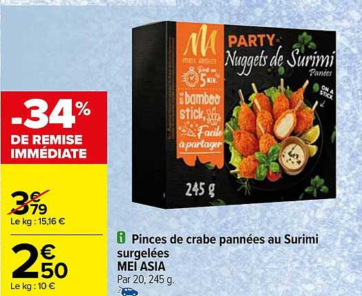 pinces de crabe pannées au surimi surgelées mei asia