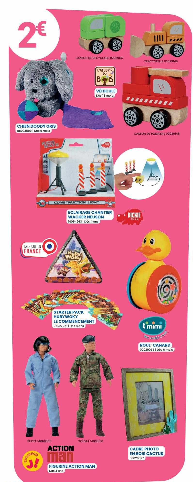 véhicule, chien doody gris, éclairage chantier wacker neuson, starter pack hubywoky le commencement, roul' canard, figurine action man, cadre photo en bois cactus