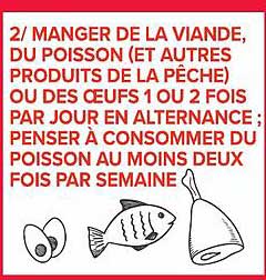 2/ DU LA VIANDE, DU POISSON (ET AUTRES PRODUITS DE LA PÊCHE) OU DES OEUFS 1 OU 2 FOIS PAR JOUR EN ALTERNANCE ; PENSER À CONSOMMER DU POISSON AU MOINS DEUX FOIS PAR SEMAINE