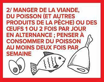 2/ MANGER DE LA VIANDE, DU POISSON (ET AUTRES PRODUITS DE LA PÊCHE) OU DES OEUFS 1 À 2 FOIS PAR JOUR EN ALTERNANCE ; PENSER À CONSOMMER DU POISSON AU MOINS DEUX FOIS PAR SEMAINE