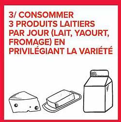 3/ CONSOMMER 3 PRODUITS LAITIERS PAR JOUR (LAIT, YAOURT, FROMAGE) EN PRIVILÉGIANT LA VARIÉTÉ