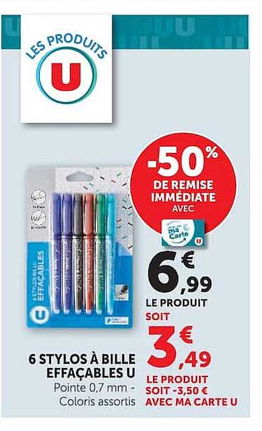 6 STYLOS À BILLE EFFAÇABLES U