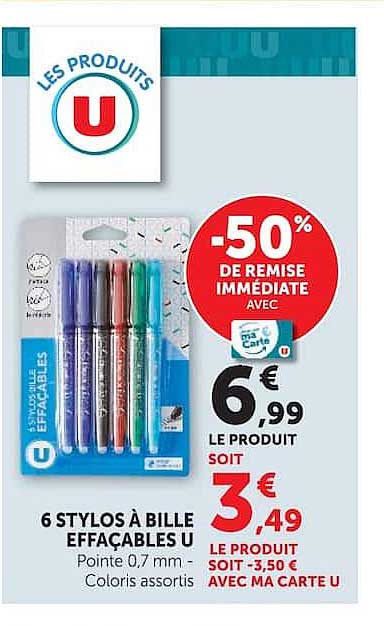6 STYLOS À BILLE EFFAÇABLES U