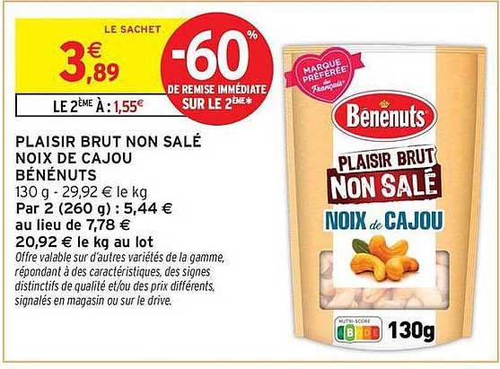 Bénénuts Plaisir Brut Non Salé Noix de Cajou