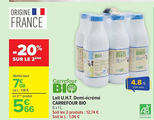 Carrefour BIO Lait U.H.T. Demi-écrémé