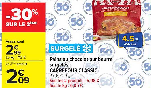 CARREFOUR CLASSIC' Pains au chocolat pour beurre surgelés