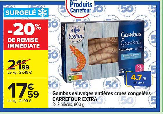 Carrefour Extra Gambas sauvages entières crues congelées