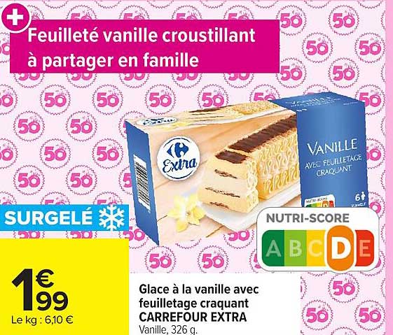 CARREFOUR EXTRA Glace à la vanille avec feuilletage craquant