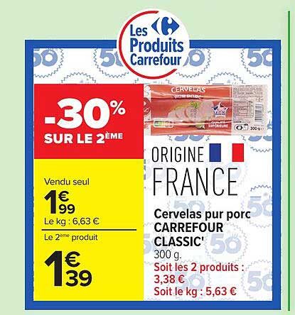 Cervelas pur porc CARREFOUR CLASSIC