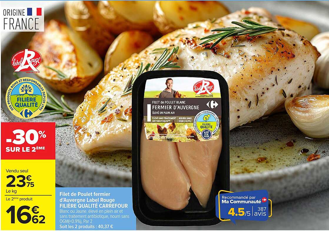 Filet de Poulet fermier d'Auvergne Label Rouge FIILIÈRE QUALITÉ CARREFOUR