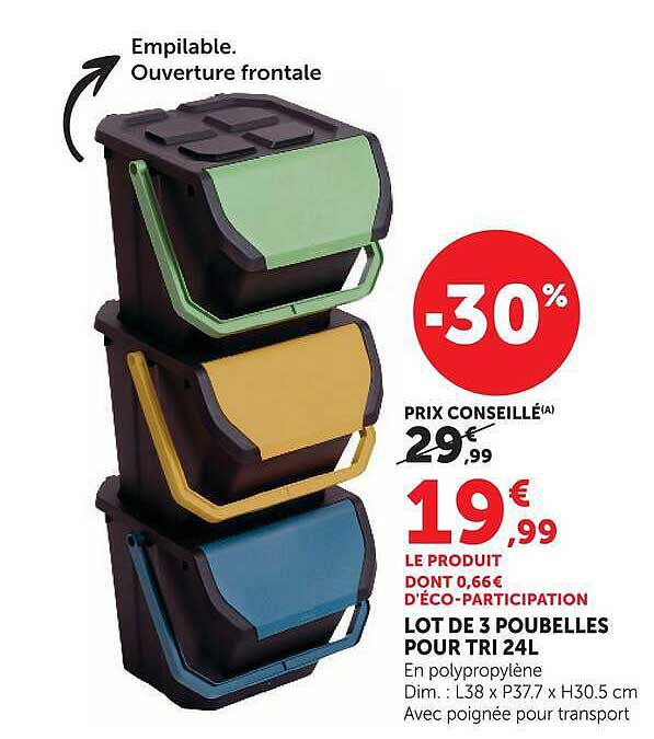 LOT DE 3 POUBELLES POUR TRI 24L