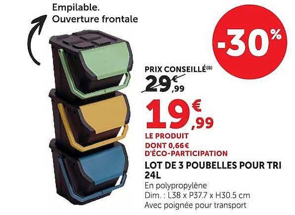 LOT DE 3 POUBELLES POUR TRI 24L