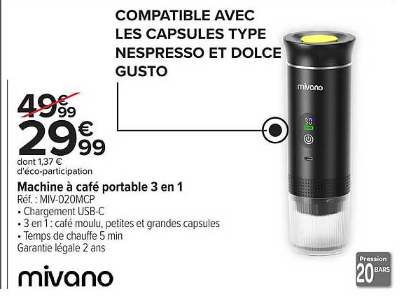 mivano Machine à café portable 3 en 1