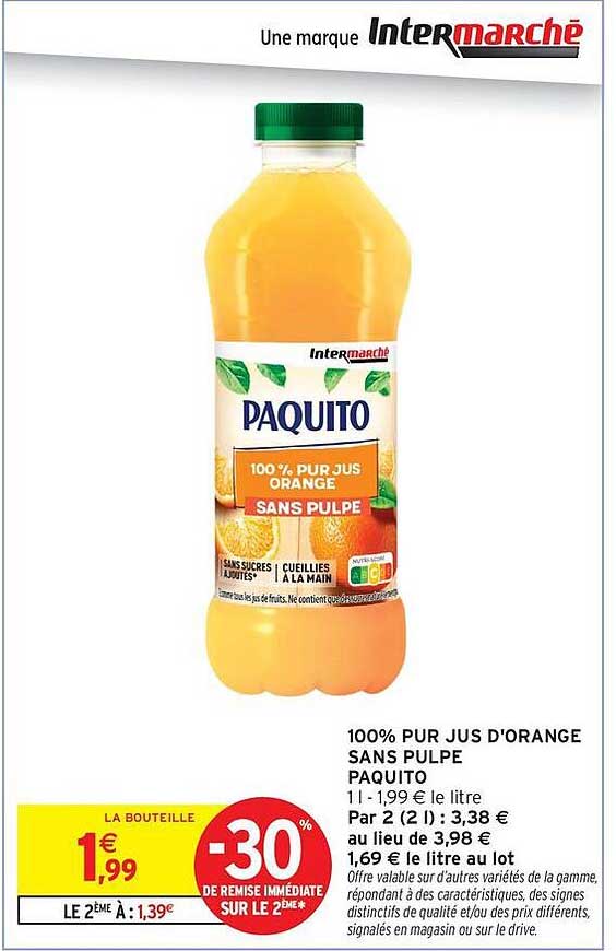 PAQUITO 100% PUR JUS D'ORANGE SANS PULPE