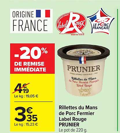 PRUNIER Rillettes du Mans de Porc Fermier Label Rouge