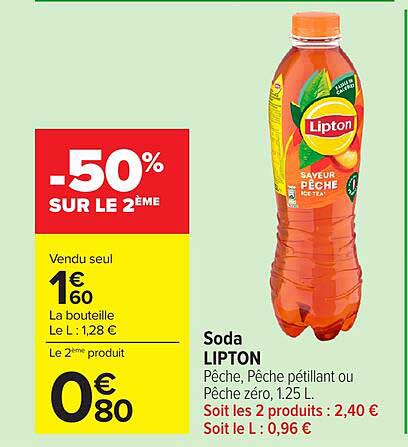 Soda LIPTON Pêche, Pêche pétillant ou Pêche zéro, 1.25 L