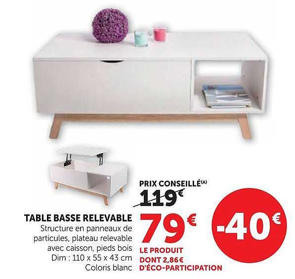 TABLE BASSE RELEVABLE
