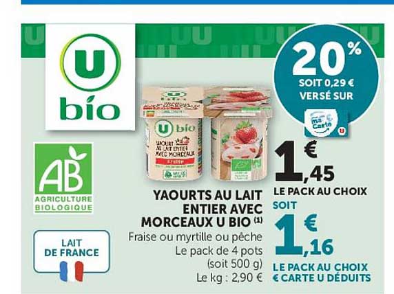 U bio Yaourts au lait entier avec morceaux U bio