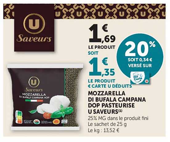 U Saveurs Mozzarella di Bufala Campana DOP Pasteurisée