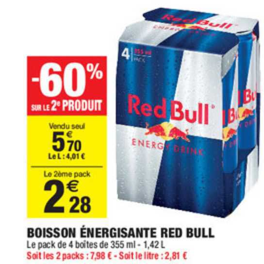 boisson énergisante red bull -60% sur le 2e produit