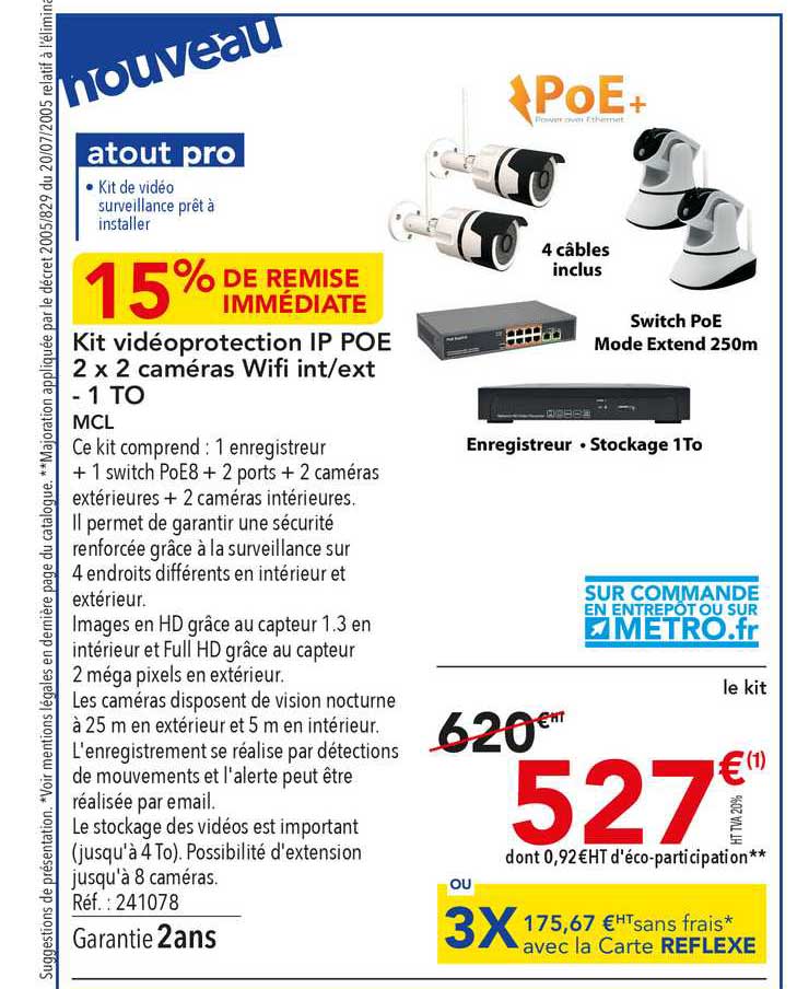 kit vidéoprotection ip poe 2 x 2 caméras wifi int ext 1 to mcl