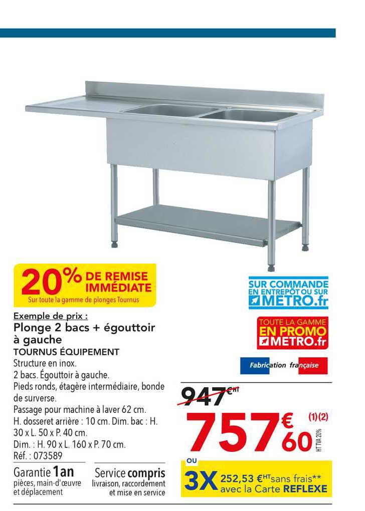 plonge 2 bacs + égouttoir à gauche tournus équipement