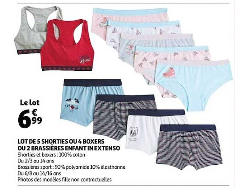 lot de 5 shorties ou 4 boxers ou 2 brassières enfant in extenso