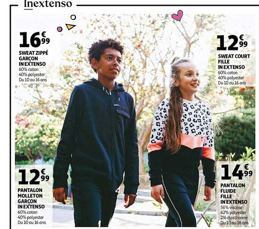 sweat zippé garçon in extenso, pantalon molleton garçon in extenso, sweat court fille in extenso, pantalon fluide fille in extenso