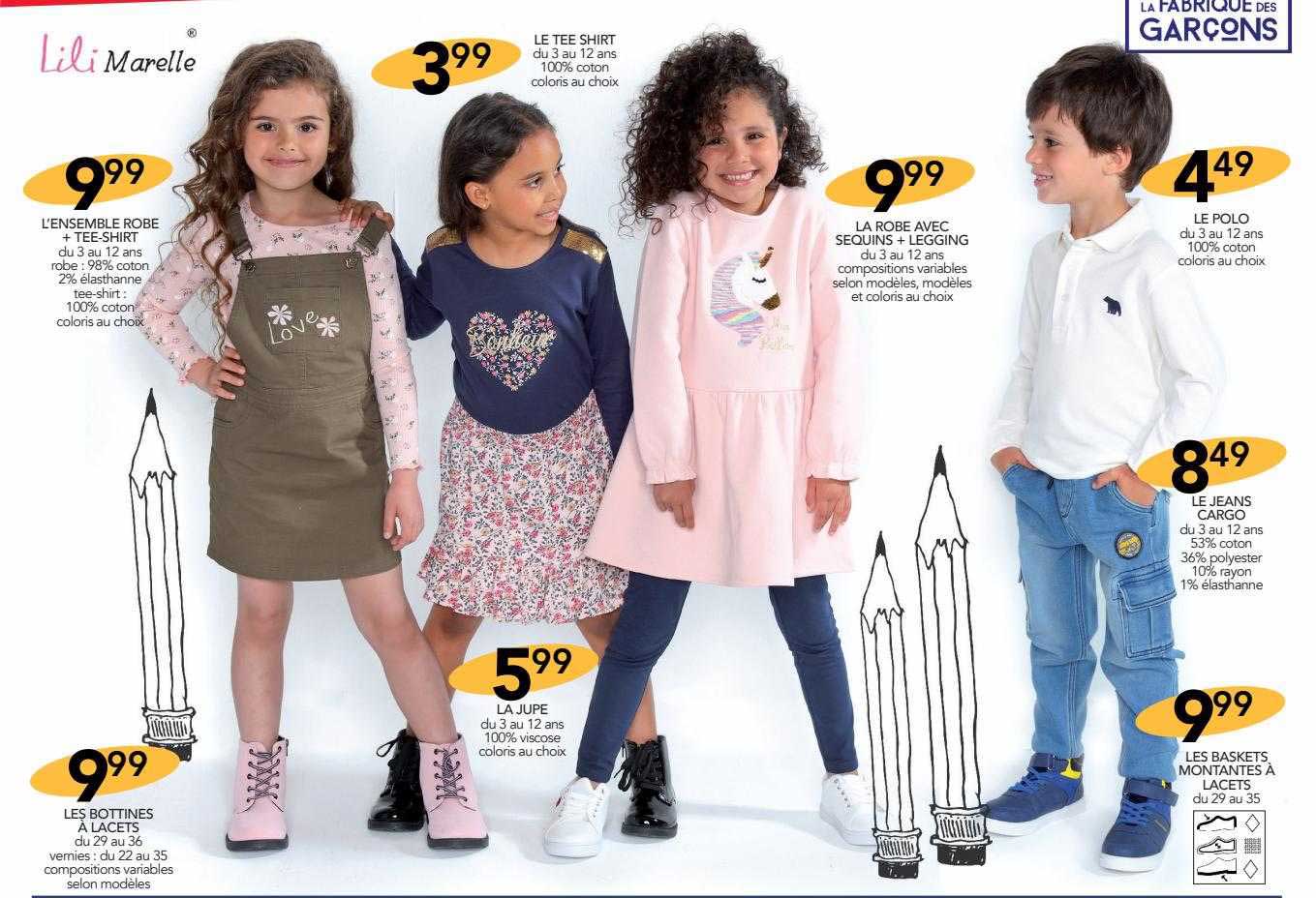 l'ensemble robe + tee-shirt, les bottines à lacetes, la jupe, le tee-shirt, la robe avec sequins + legging, le polo, le jeans cargo, les baskets montantes à lacets
