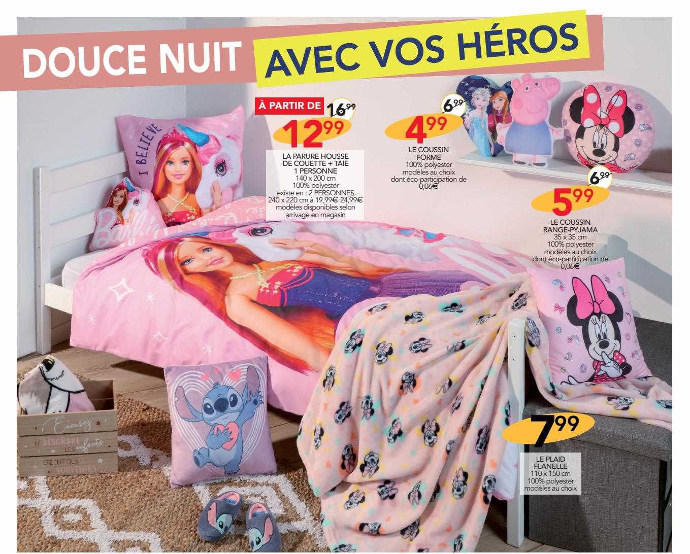 la parure housse de couette + taie 1 personne, le coussin forme, le coussin range-pyjama, le plaid flanelle