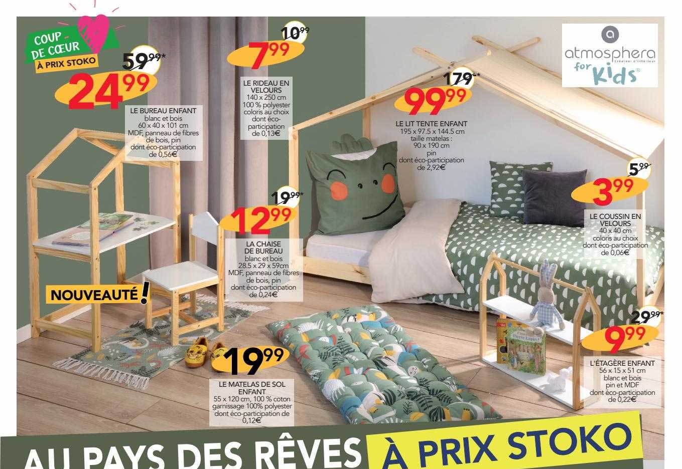 le bureau enfant, le rideau en velours, la chaise de bureau, le matelas de sol enfant, le lit tente enfant, l'étagère enfant, le coussin en velours