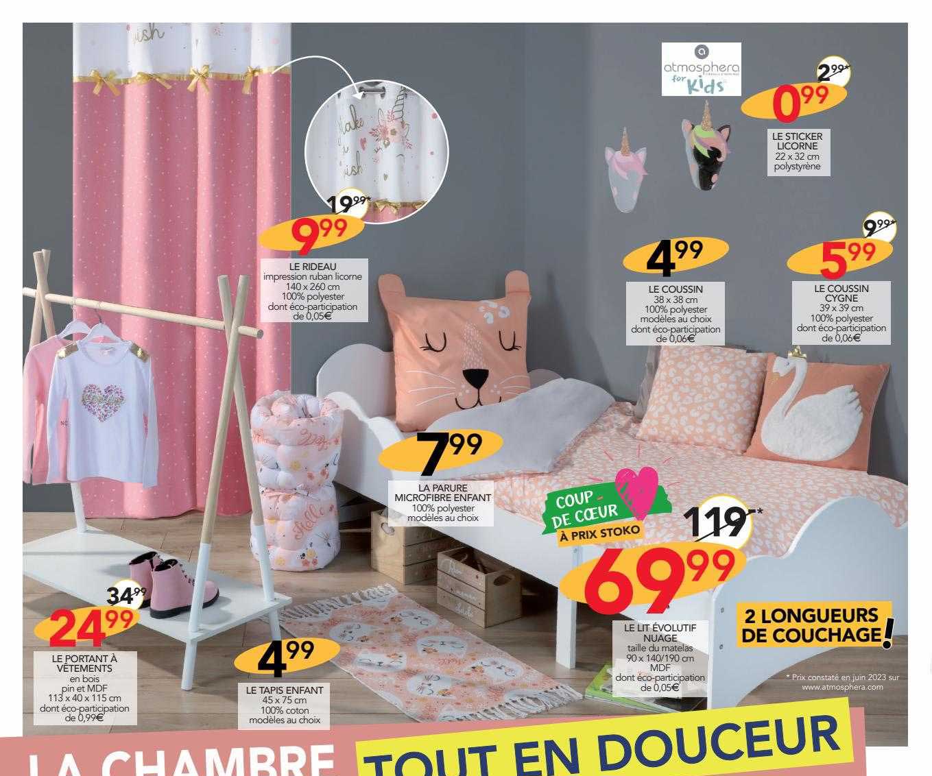le portant à vêtements, le tapis enfant, le rideaux, la parure microfibre enfant, le lit évolutif nuage, le coussin, le sticker licorne, le coussin signe