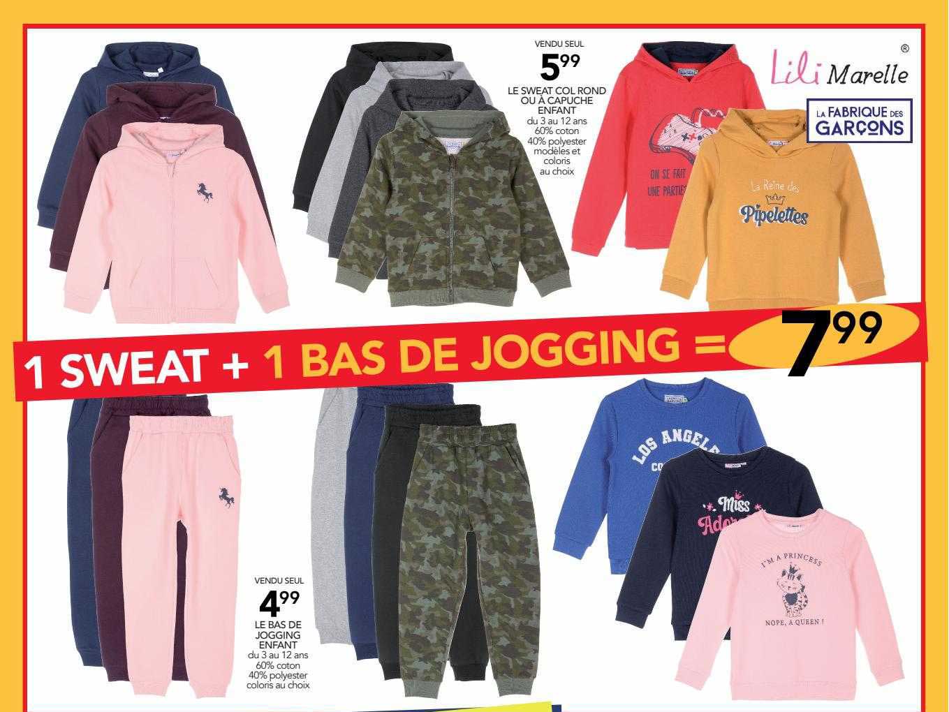 le sweat col rond ou à capuche enfant, le bas de jogging enfant