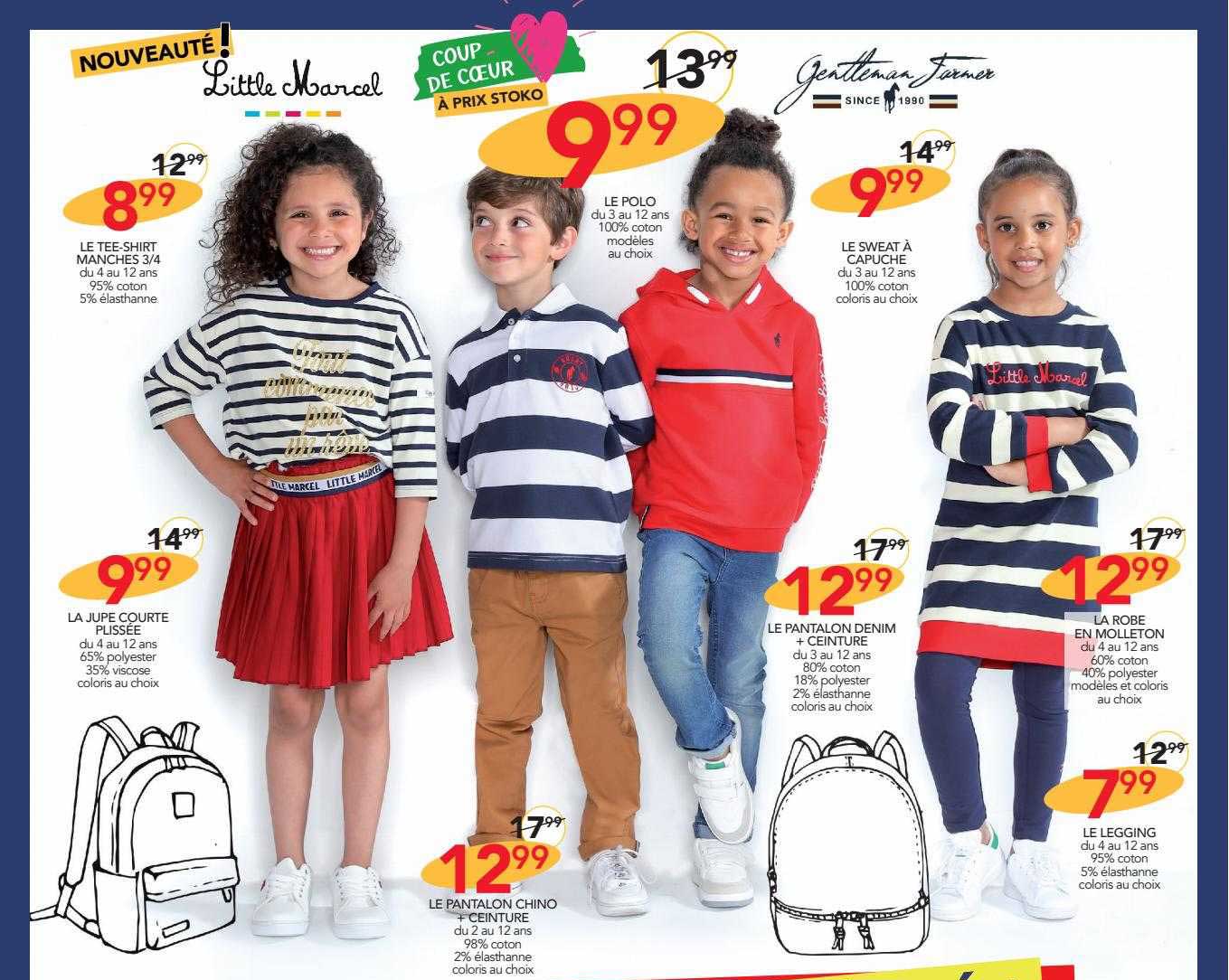 le tee-shirt manches 3/4, la jupe courte plissée, le pantalon chino + ceinture, le polo, le pantalon denim + ceinture, le sweat à capuche, la robe en molleton, le legging