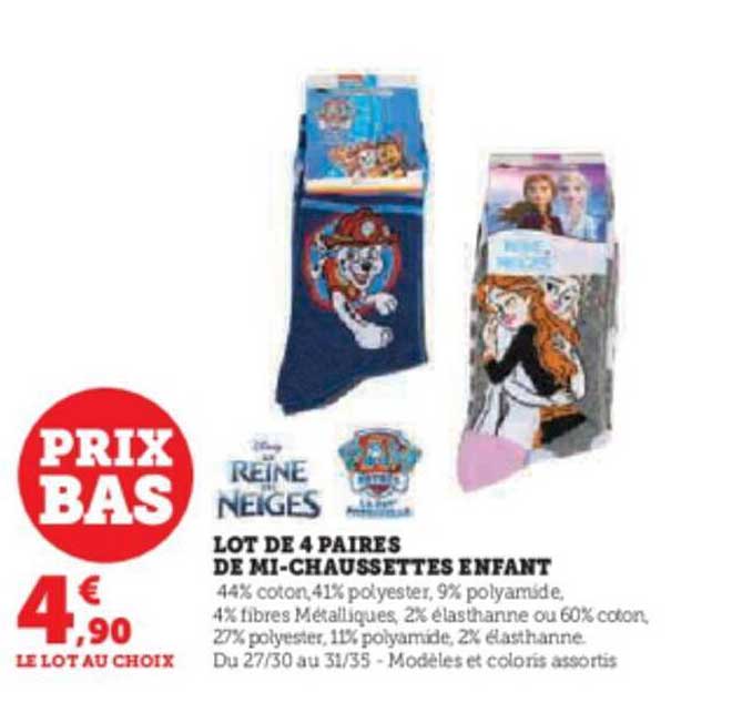 lot de 4 paires de mi- chaussettes enfant la reine des neiges, paw patrol