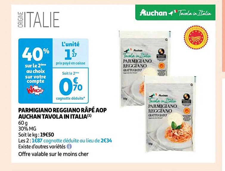 parmigiano reggiano râpé aop auchan tavola in italia