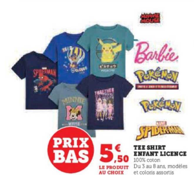 tee-shirt enfant licence barbie, pokémon, marvel spider-man
